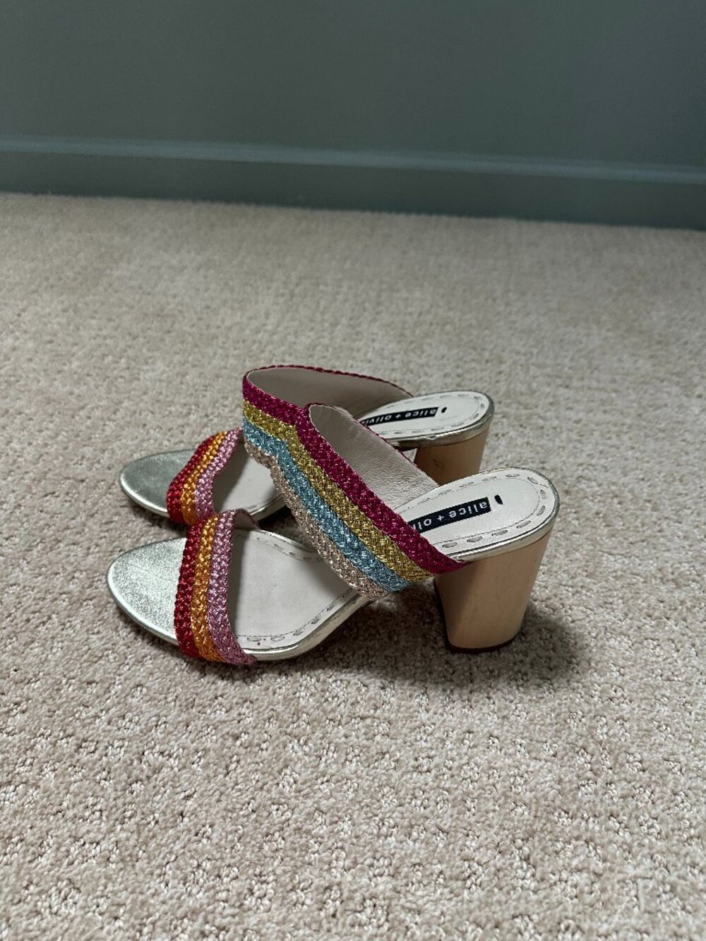 Alice + Olivia Loni Rainbow Color Block Metallic Braided Mule Heels Size 9